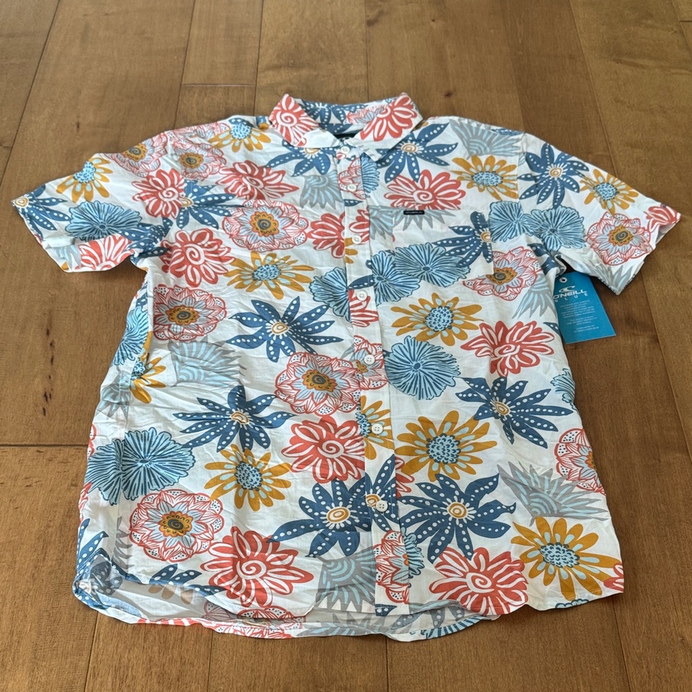 O'Neill Short-Sleeve Floral Button-Down Shirt - White, Blue, Coral, Mustard
